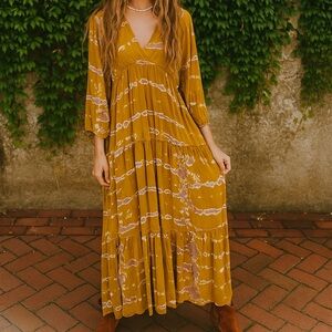 YOUNG, FABULOUS, AND BROKE Gold Batik Maxi Dress, S
